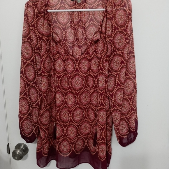 Rose & Olive Tops - Rose & Olive Paisley Sheer Long Sleeve Blouse With Tassel Ties At Front.